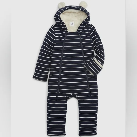 NWT GAP Two Matching *TWINS* Baby Sherpa Hoodie One-Piece Snowsuit Navy Blue 6M - Picture 2 of 8
